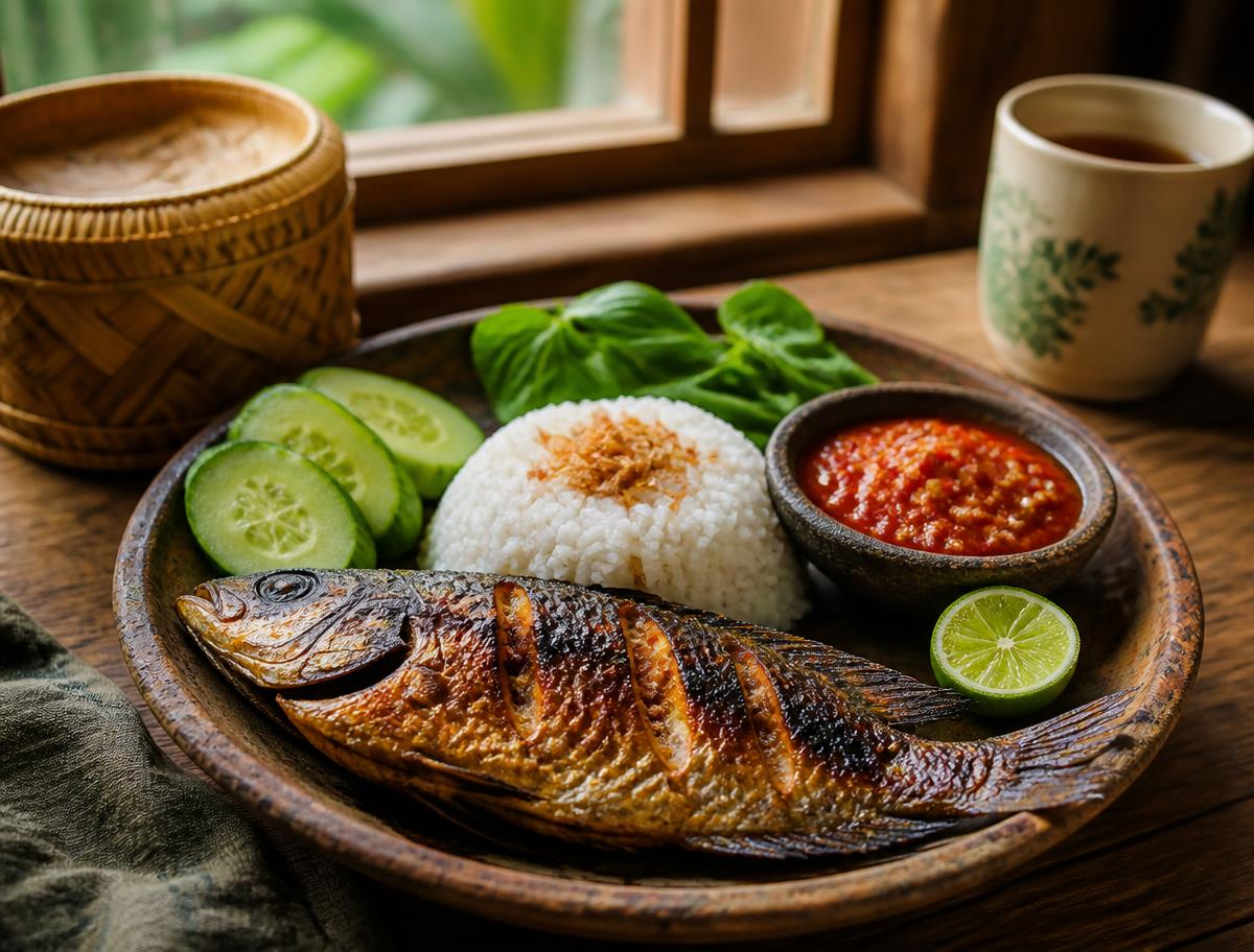 Ikan bakar buatan rumah dengan nasi, sambal, dan lalapan di atas piring kayu